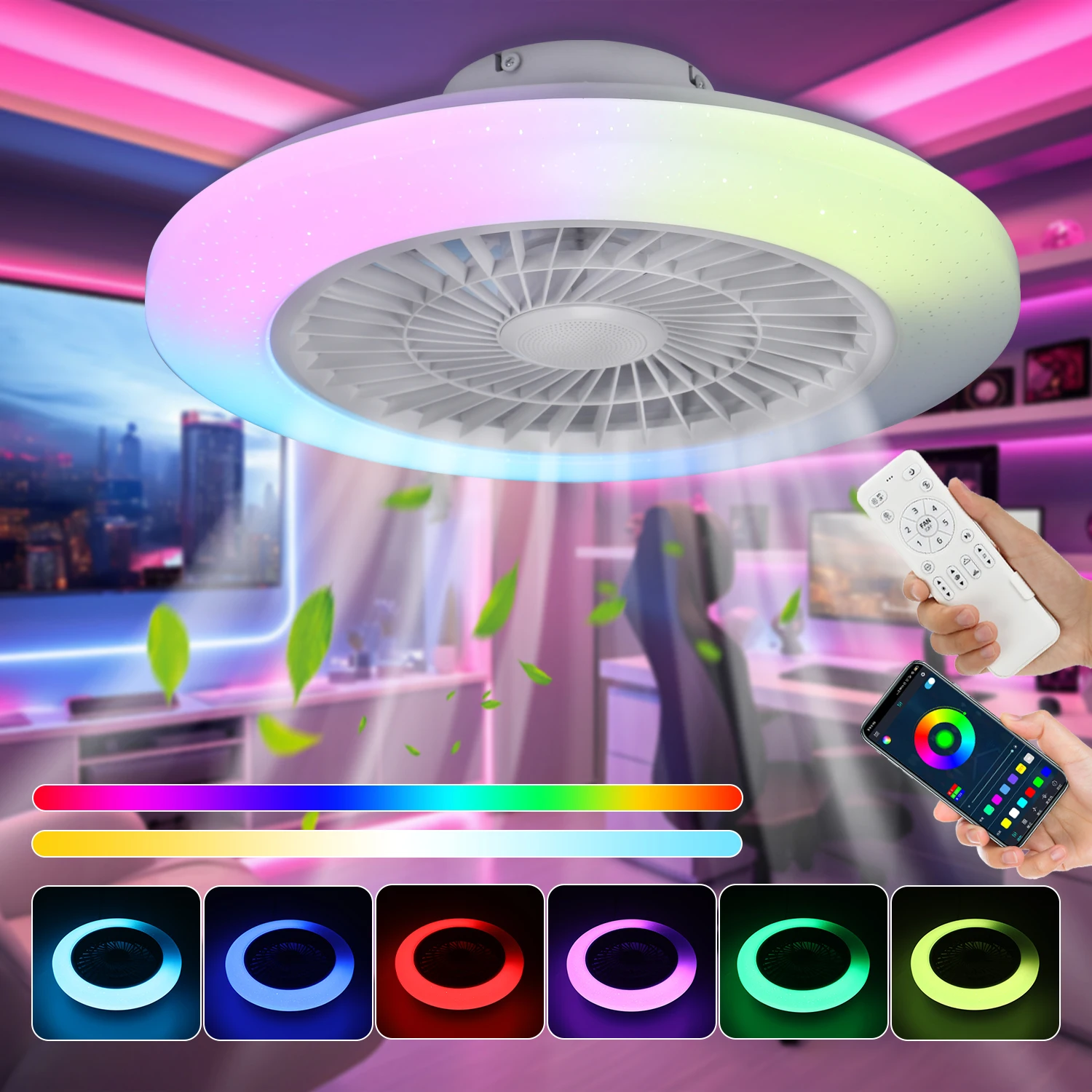 57 W LED-plafondventilatorlicht, RGB-afstandsbediening, traploos dimmen, luchtcirculatiefunctie + muziek voor woonkamer keuken