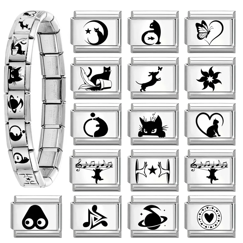 Laser Engraving Black Cartoon Cute Cat Dog DIY Italian Charm Links Fit 9mm Stainless Steel Bracelet Women Jewelry Making Gifts