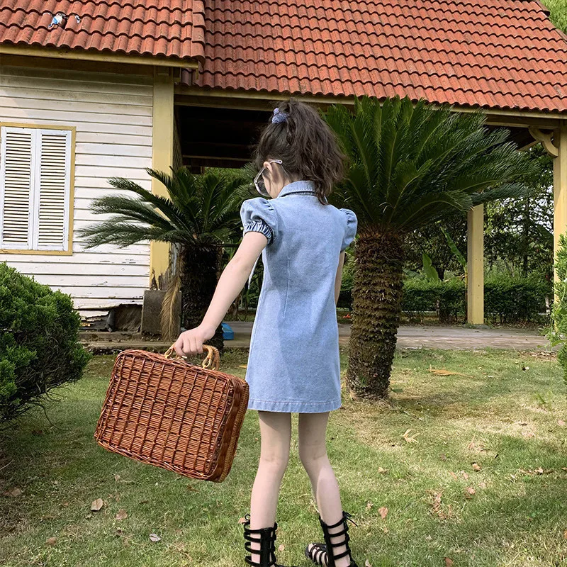 Family Matching Outfits Mother and Daughter Slim Fit Tie Denim Dress25Summer New Foreign Trade Children's Wear Delivery