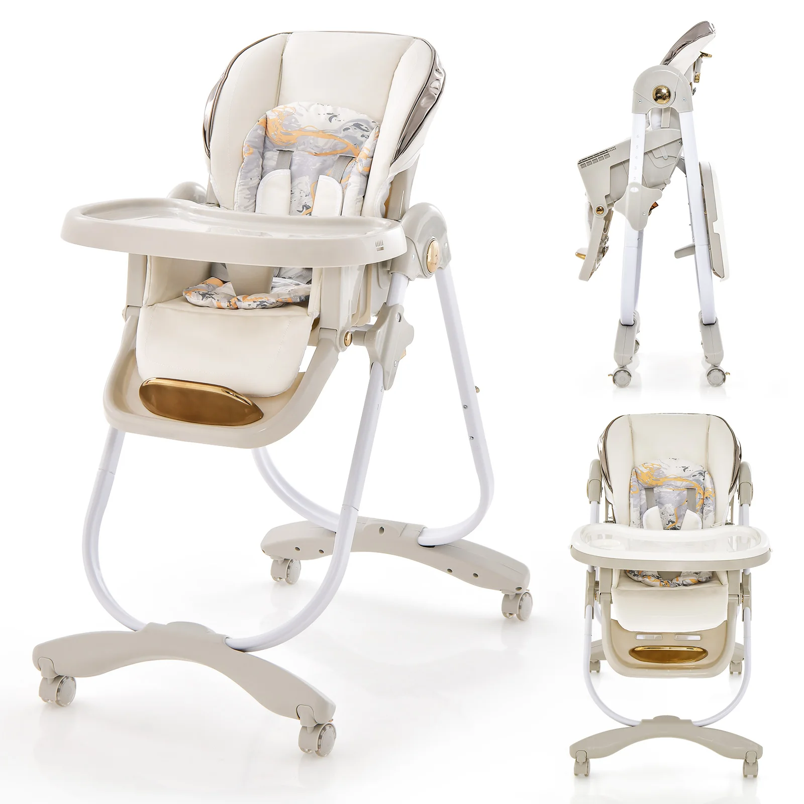 Baby High Chair w/ Wheel Folding Baby Dining Chair Adjustable Height & Recline