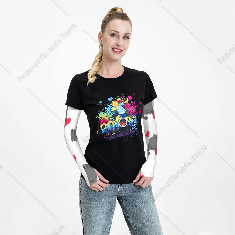 Funda de brazo con fondo blanco de gato y corazón, manga larga de hielo para dedos de verano, sin protección solar, absorción del sudor, agua, secado rápido