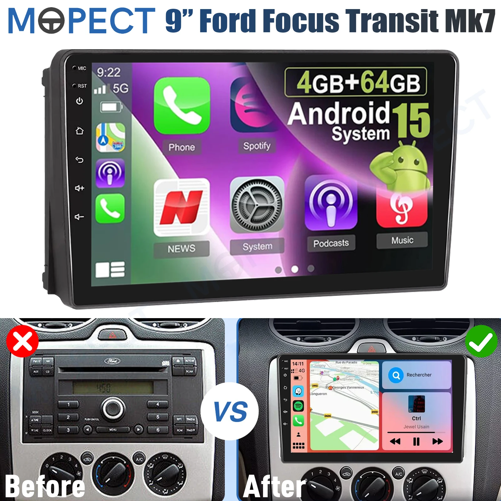 MOPECT 4+64GB voor Ford Transit MK7 2007-2014 / Ford Focus 2005-2008 Android 15 Carplay autoradio GPS navigatie BT+DAB&DVR+AHD
