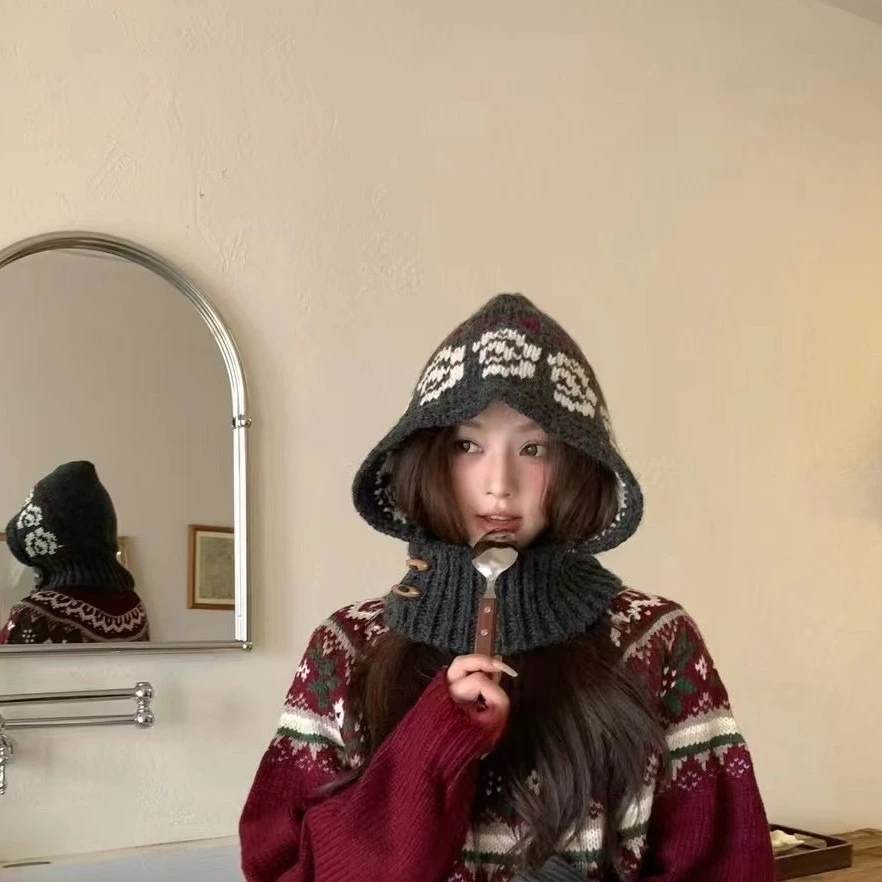 كوريا الجنوبية Dongdaemun شراء Ins Style Retro Balaclava محبوك قبعة الصوف قبعة عصرية ومتعددة الاستخدامات