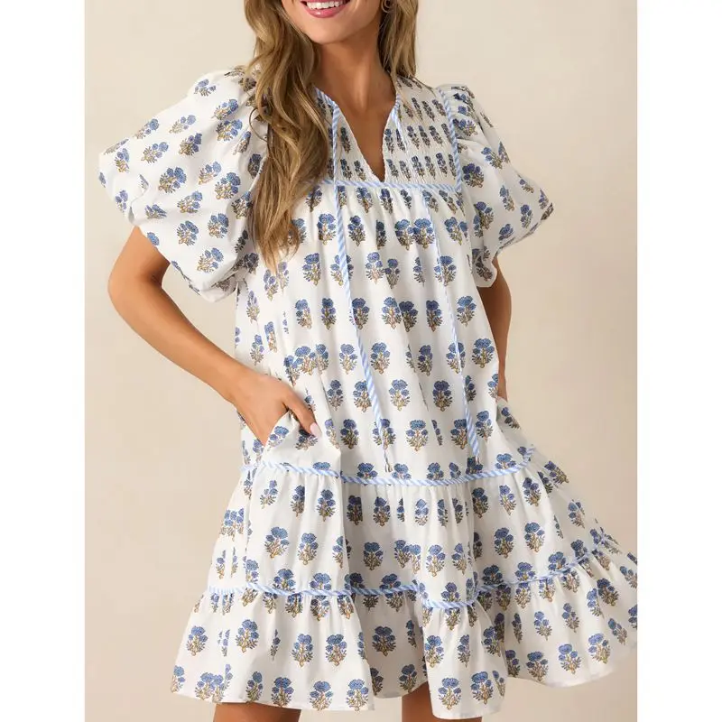 Women Summer Smocked V-Neck with Thin Straps Aesthetic Floral Print Short Puff Sleeve Loose Flowy A-line Mini Dress
