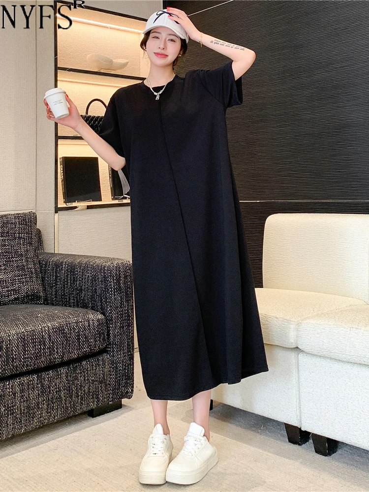 

NYFS 2024 Summer New Korea Solid Woman Dress Vestidos Robe Elbise Loose Plus Size Short Sleeve Slit Long Dresses