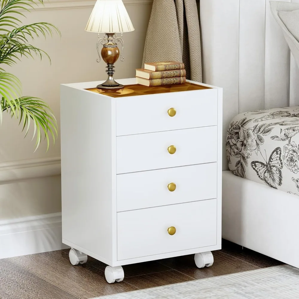 ตู้เก็บของใต้โต๊ะพร้อมลิ้นชัก 4 ชั้น ท็อปกระจก และล้อเลื่อนแบบมีกุญแจล็อค - ตู้เก็บเอกสารเคลื่อนที่สำหรับโฮมออฟฟิศและห้องทำงาน