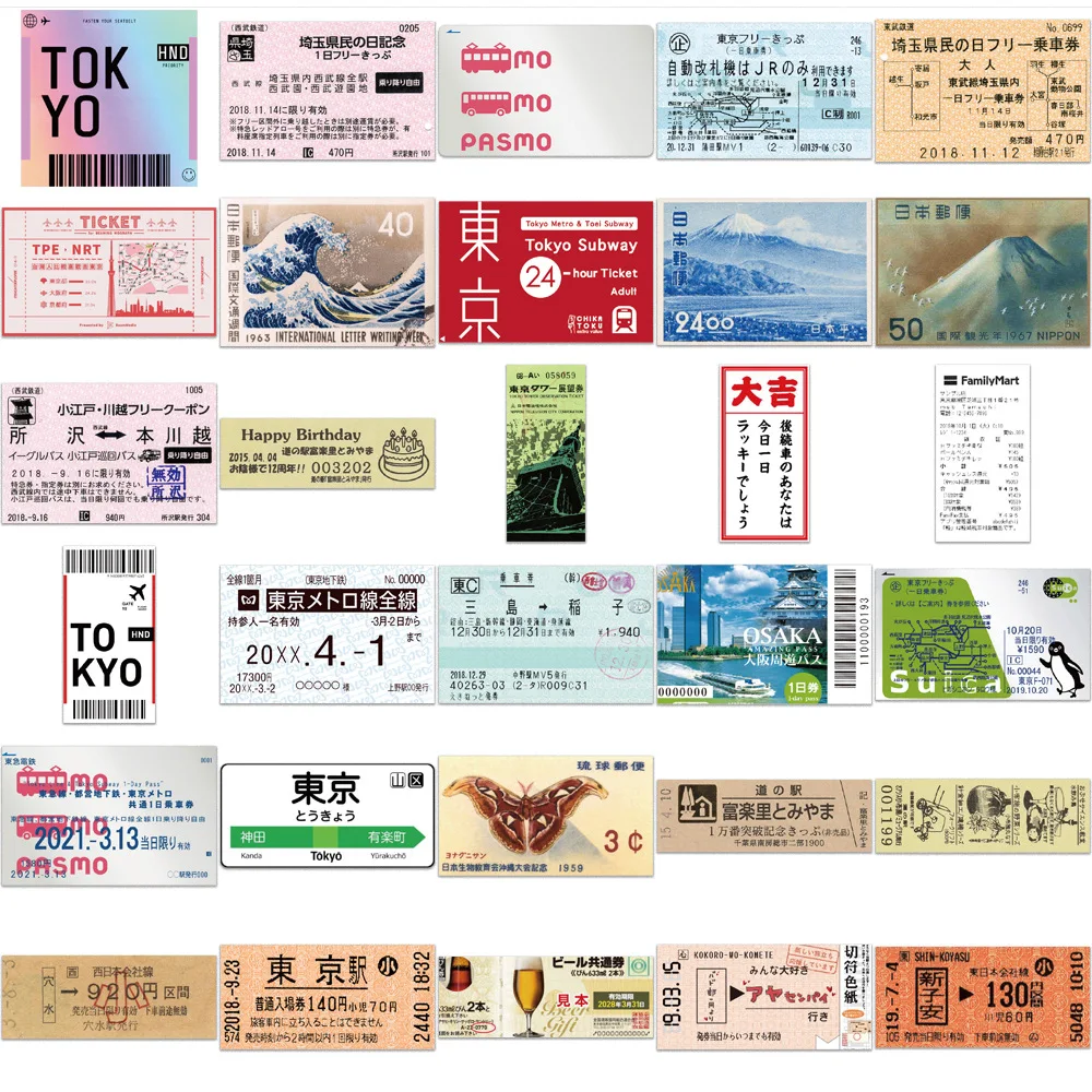 60PCS Japan Travel Vintage Ticket Stubs Stickers Waterproof Decal Kids Toy Creative DIY Laptop Phone Water Cup Stationery Box