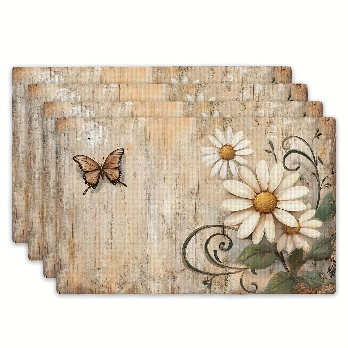 A Set of Four Decorative Placemats Featuring a Brown Butterfly Resting on White Daisy Vines And Flowers
