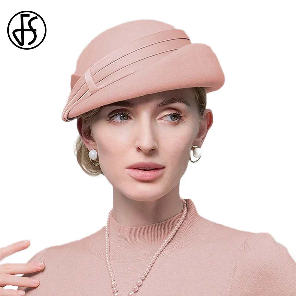 

FS Pink Purple Felt Church Hat Formal Dress Wool Fascinators Hats Vintage Derby Cap Elegant Ladies Beret Caps Chapeau Femme 2025