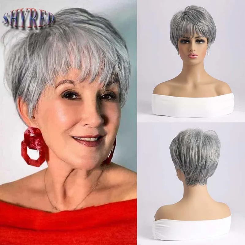 

Short Pixie Cut Silver Grey Synthetic Wigs with Bangs straight Hair Wigs for Women Daily Cosplay Wig Heat Resistant Fiber