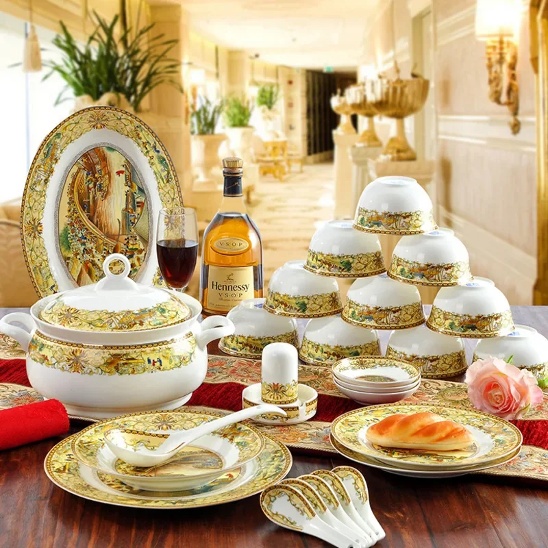 Chinese Light Luxury Ceramic Dishes Set, Jingdezhen  Full  Tableware, Business Gift Plates, Elegant Dining Bowls