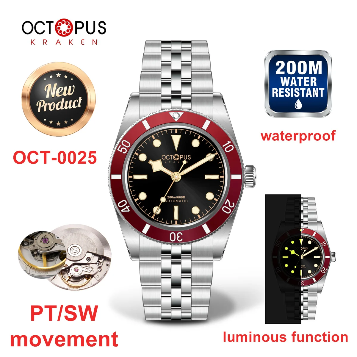 Octopus Kraken Automatic Dive Watch 200m Waterproof 316L Stainless Steel Sapphire Crystal PT5000/SW200 Movement OCT-0025