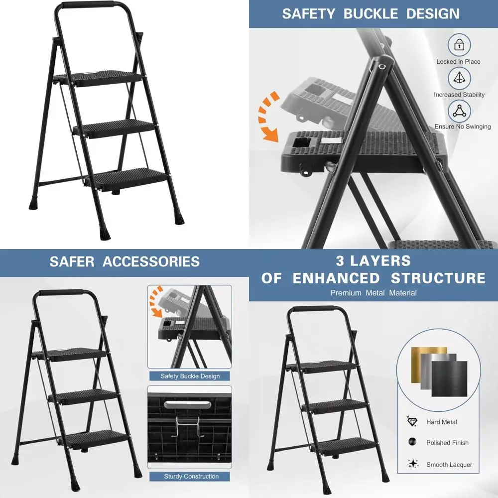 "verstelbare 3-staps vouwladder voor keuken, capaciteit van 300 lbs, brede antislipstappen"