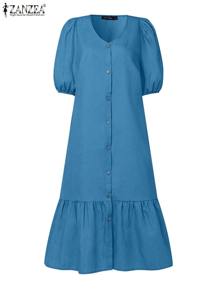 Vintage Denim Blau Frauen Hemd Rüschen Kleid ZANZEA Sommer Mode Kurzarm Maxi Robe Übergroßen Casual V-ausschnitt EINE Linie sommerkleid