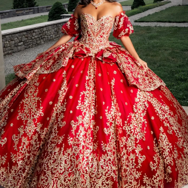 

Customized Red Quinceanera Dresses Ball Gown Off The Shoulder Gold Applique Lace Bow Beading Tull Party Birthday Sweet 16 Vestid