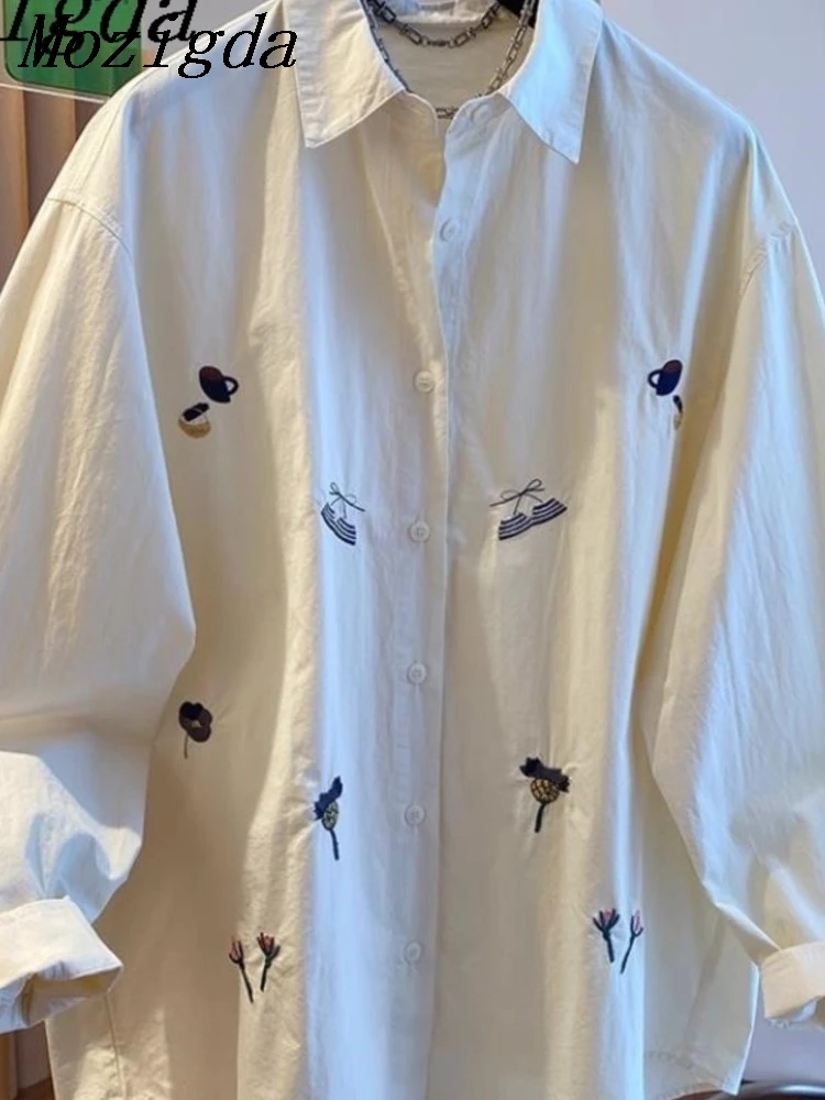 

Plus Size Spring Embroidered Cotton Blouse Shirt Women |Long Sleeve Loose Fit Shirt With Slimming Ladies Shirts Tops