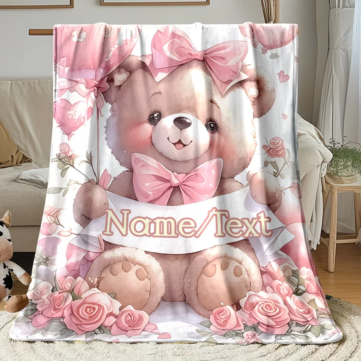 Customizable name/text teddy bear pattern pink bow blanket, extremely soft and lightweight, suitable for all seasons. Perfect fo