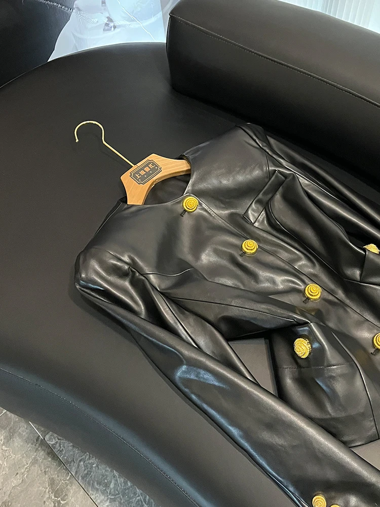 Faionable Lumaca Bottone in metallo Slim Fit Pelle Jaet 2025 Nuovo cappotto da donna europeo Sle A30004 Lungo Sve rotondo Ne