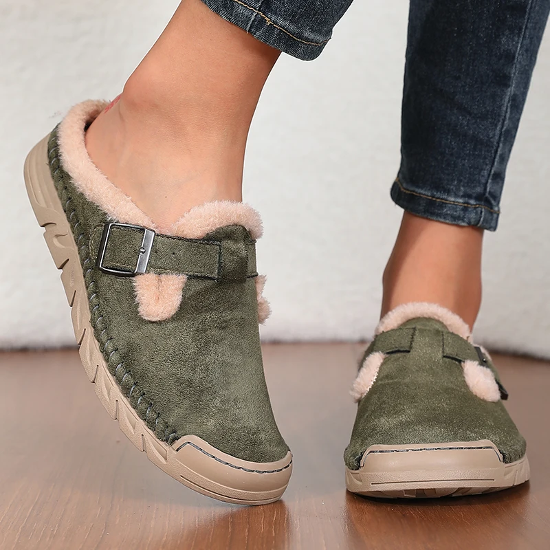 Damenmode Baotou-Slipper Winter Neu Rundkopf Tiefer Schnitt Schnallenverschluss Weiche Sohle Rutschfest Verschleißfest Flache Schuhe – Detail 6