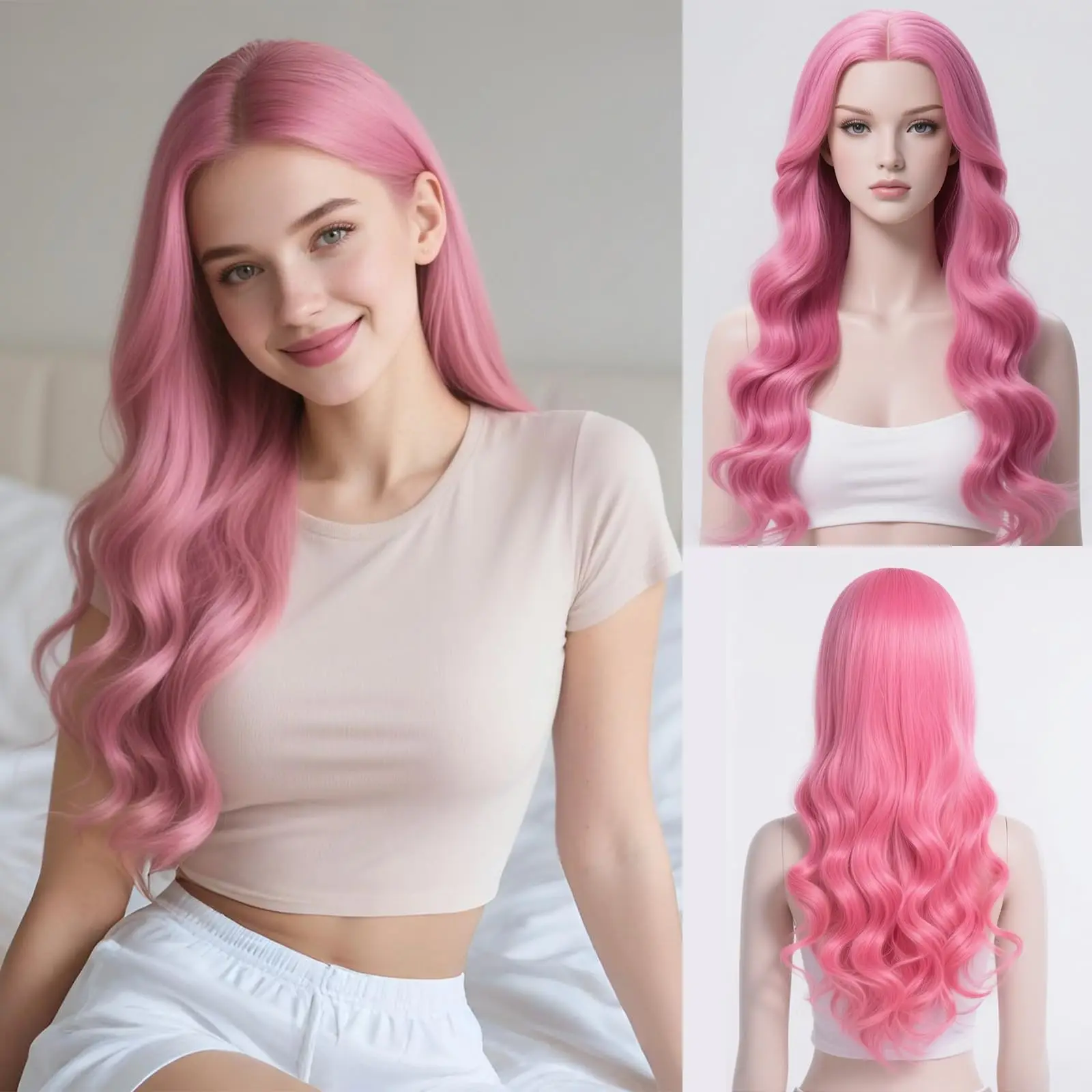 Pink Fashion Center-Parted Big Wave Wig Synthetic Wig Halloween Cosplay Costume Wig Party Day Wig Hot Wire Wig Set