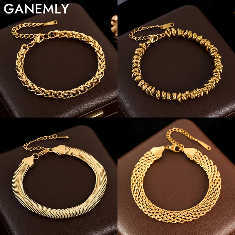 GANEMLY 316L Stainless Steel Chain Bracelet Women Metal Golden 18 K Plated Charm Jewelry Waterproof Wrist Chain Bijoux Femme