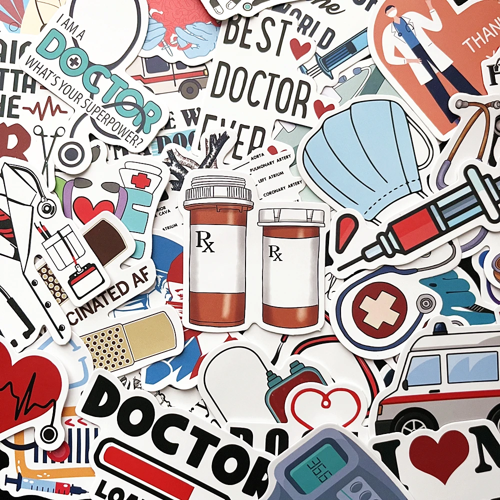 10/50PCS 50Pcs Cartoon Doctor Stickers Cute Medical Nurse Vinyl Decals for Kids Laptop Water Bottle Scrapbooking DIY Craft Decor