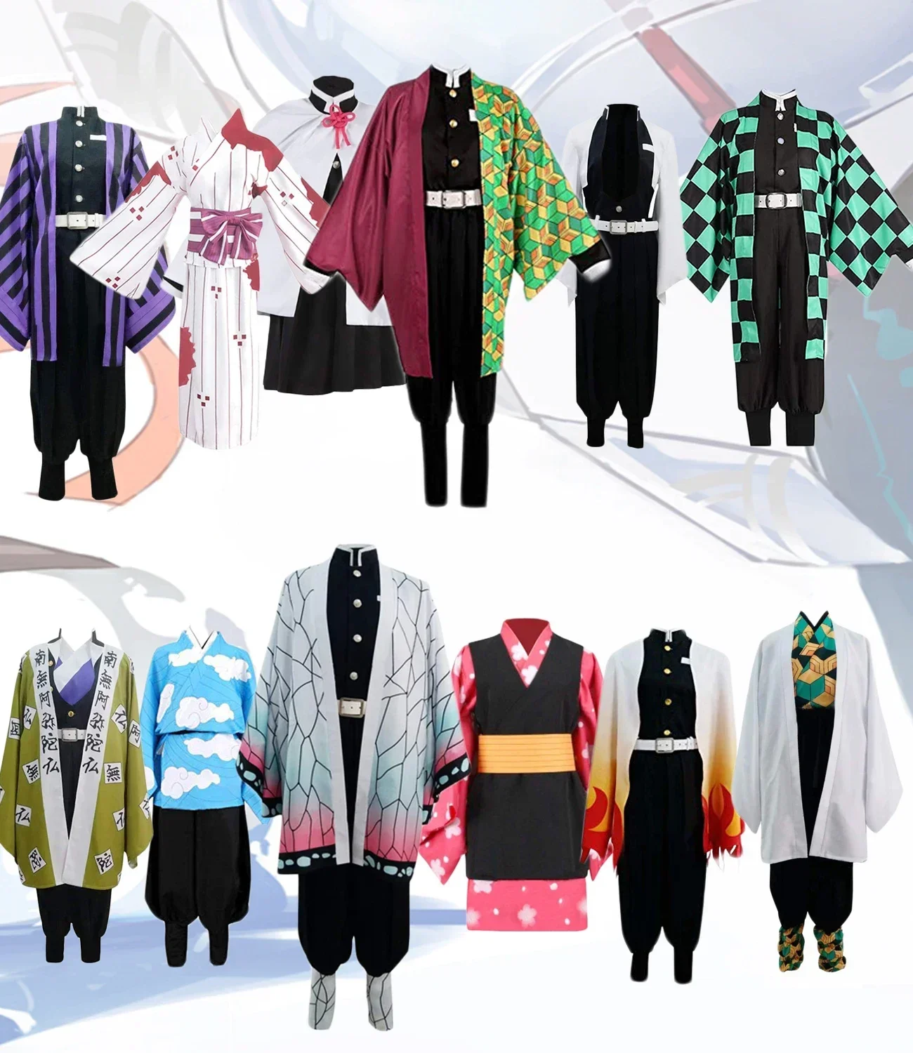 Disfraz de cosplay Demon Slayer: trajes de kimono Tanjirou, Nezuko, Giyuu, Shinobu, Obanai, Gyomei, Sabito y Makomo