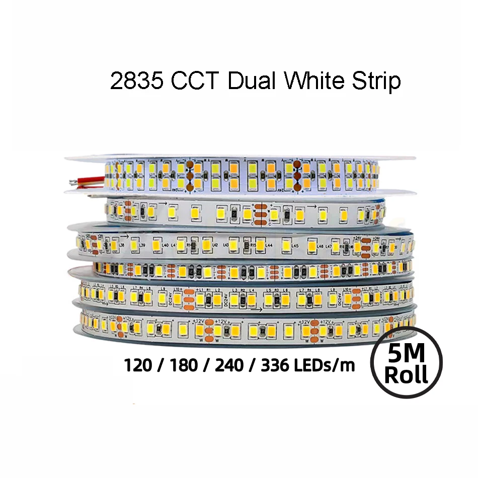 2835 Dual Color LED Strip Light DC 5V 12V 24V 120 180 240 336 LEDs/M 5MM 8MM 12MM Wide PCB Flexible CRI Dimmable CCT Bar Lamp 5M