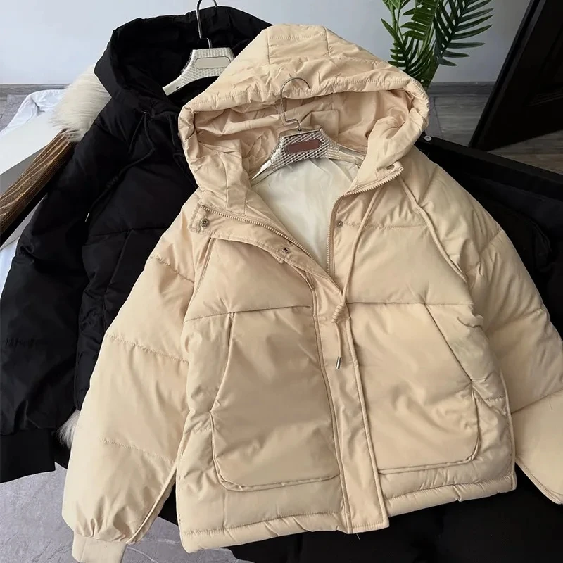 

2025 Autumn Winter New Color Block Hooded Loose Warm Cotton Padded Coat Women Casual Versatile Top Fashion Style