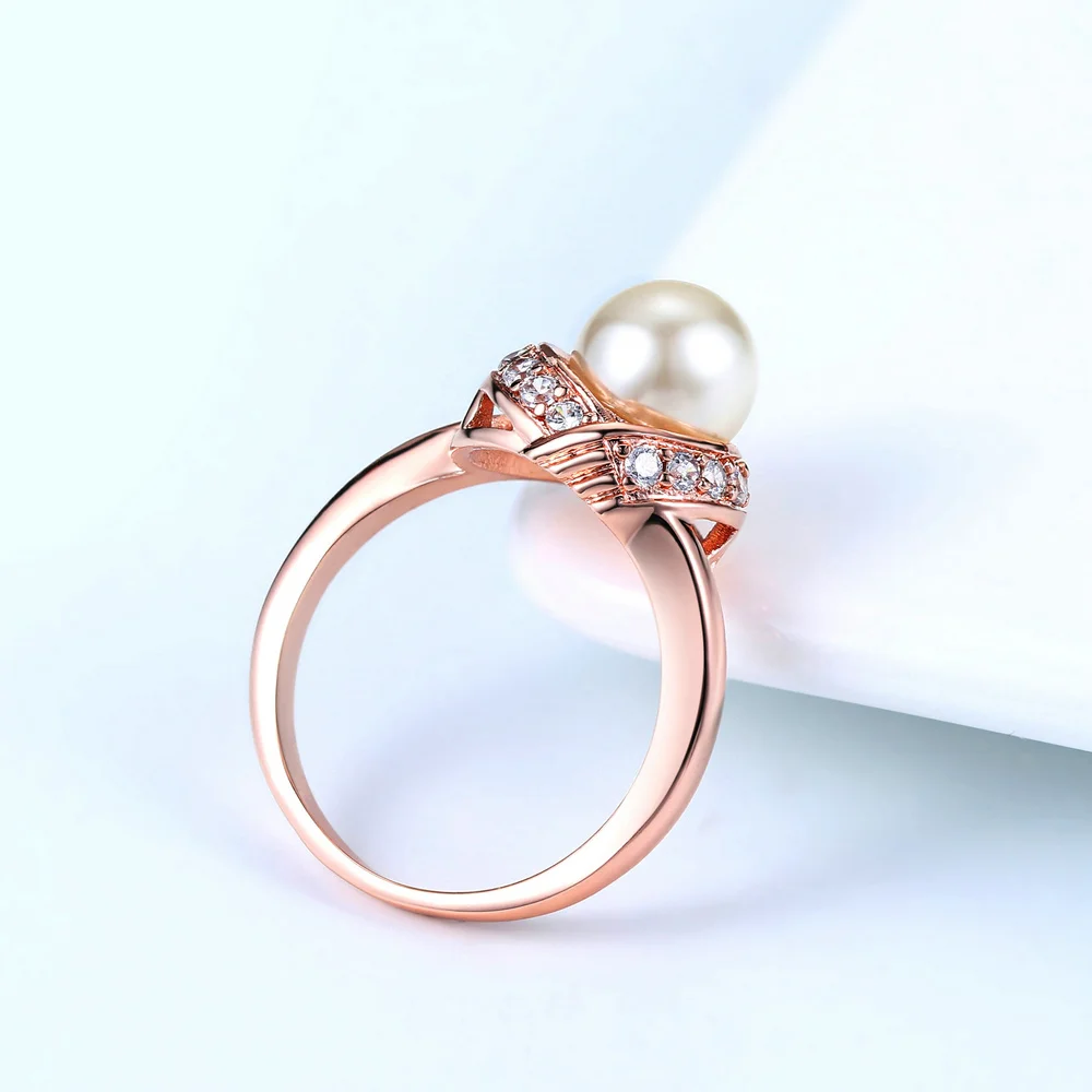 Fashion Brand Austrian Crystal Rose Gold Color Simulated Pearl Rings for Women Wedding Vintage New Jewelry R676