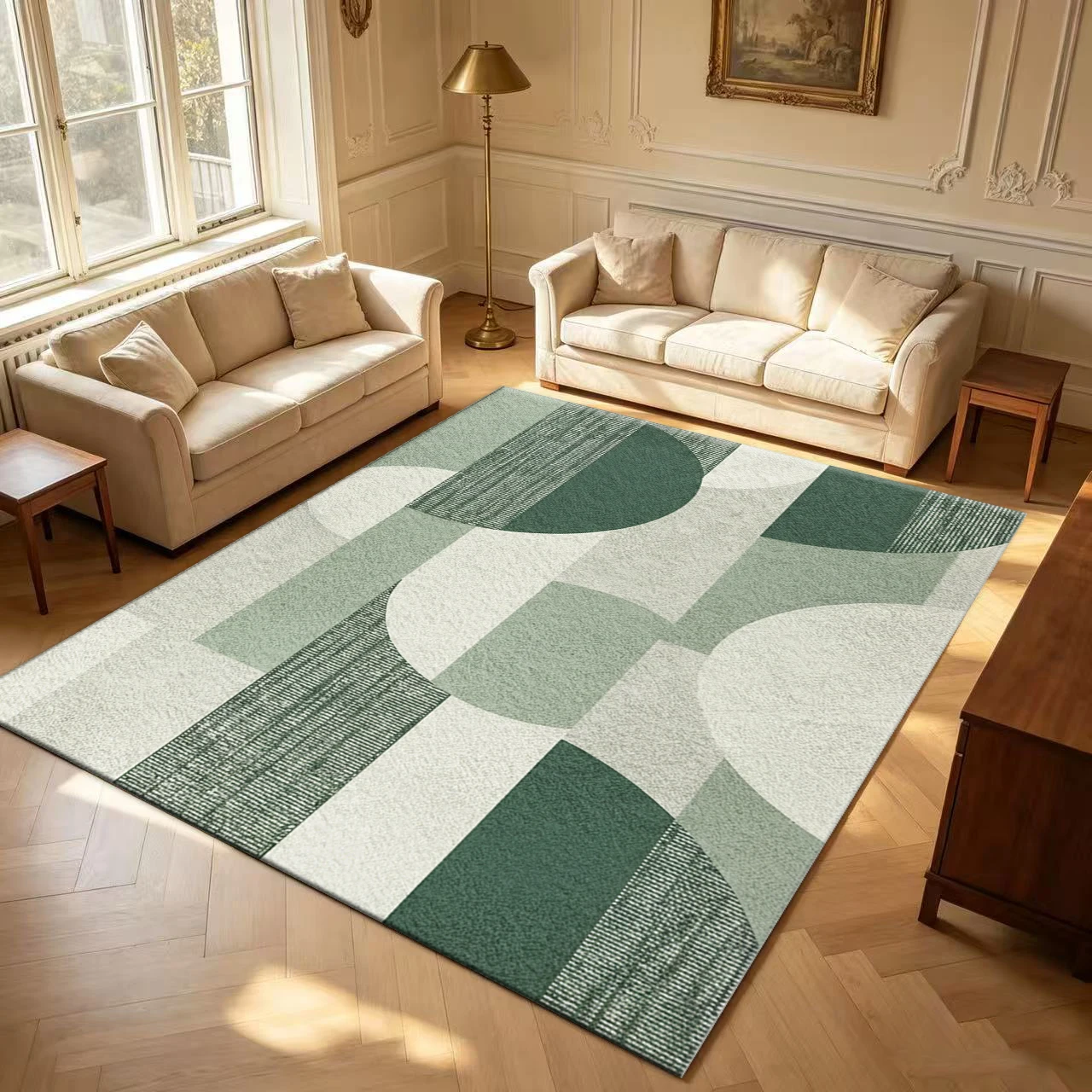 Green Geometric Block Circle Carpet Flooring Modern Abstract Area Rug Stylish Indoor Floor Rug for Home Living Bedroom