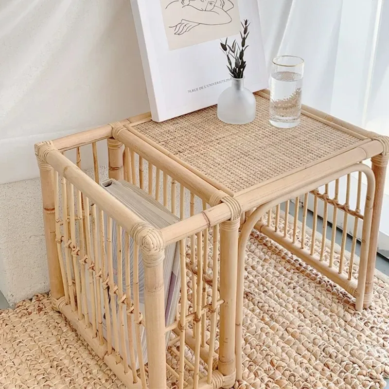 Handmade Indonesian Rattan Side Table Small Coffee Table Storage End Table Japanese Simple Style for Balcony Bedroom Bedside