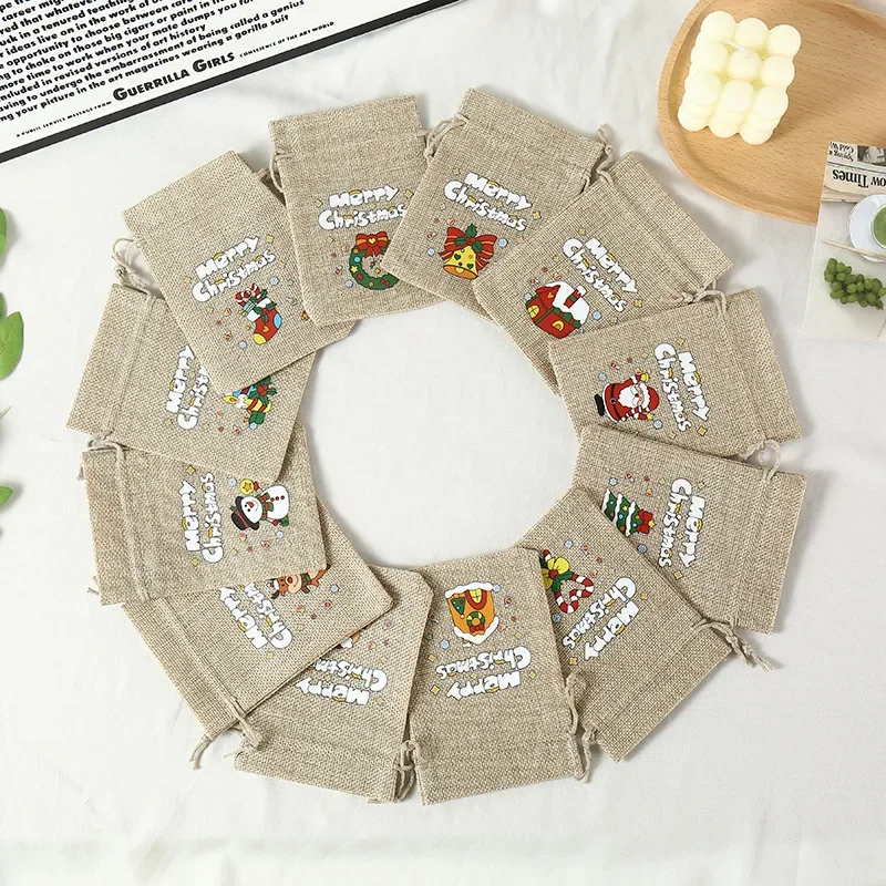 

10PCS Christmas Linen Drawstring Bags Candy Biscuits Pouchs Burlap Bracelet Jewelry Storage Bags Xmas Kids Gift Packaging Bags