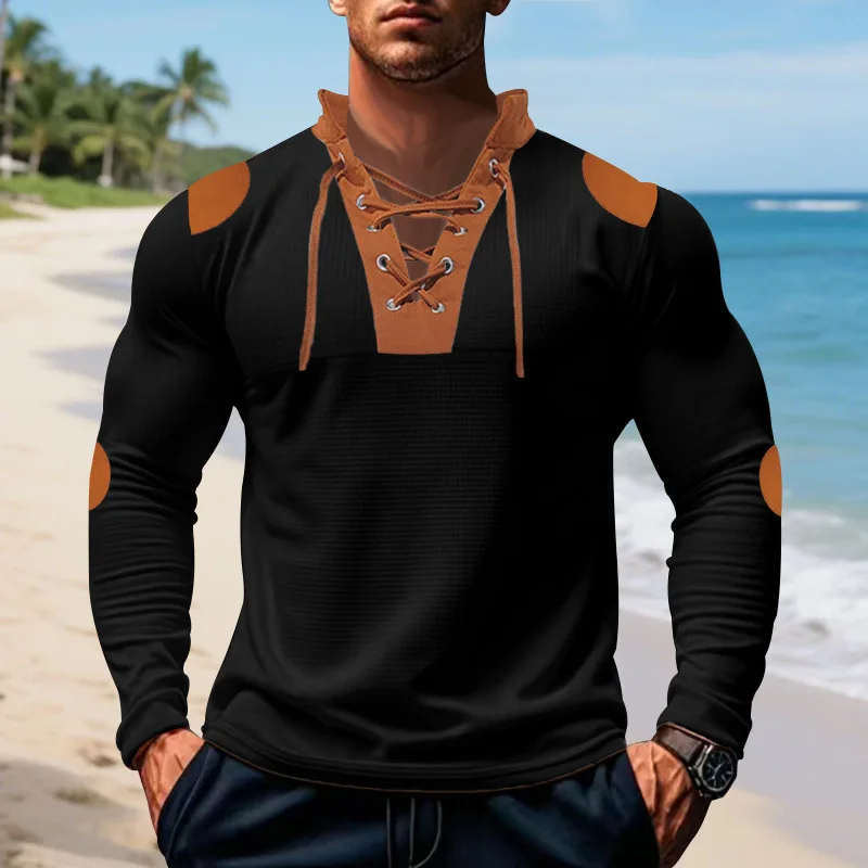 

New American Waffle Men's Stand Collar Patch Hip Hop Trendy Loose Long Sleeve Shirt in Spring and Autumn
