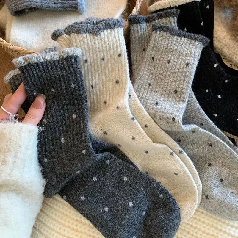 5 pairs Autumn winter new fashion versatile polka dot socks mid tube cotton socks casual comfortable warm stacked socks