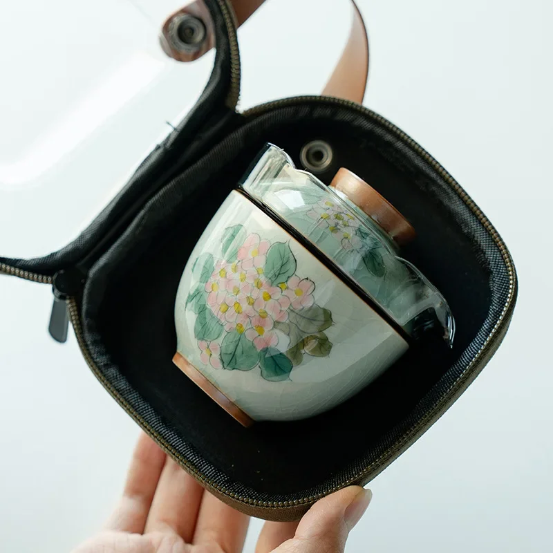 Hand-painted Hydrangea Tea Maker One Pot Two Cups Flower Luxury Quick Cup Ceramic Travel Tea Set Camping Outdoor Portable Set