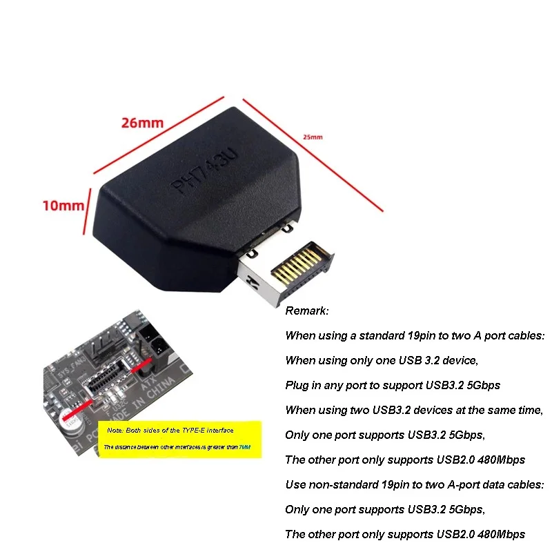 Computer Motherboard USB3.2 Type-E to USB 3.0 19/20Pin Chassis Front Connector Converter USB Type E Extension Adapter