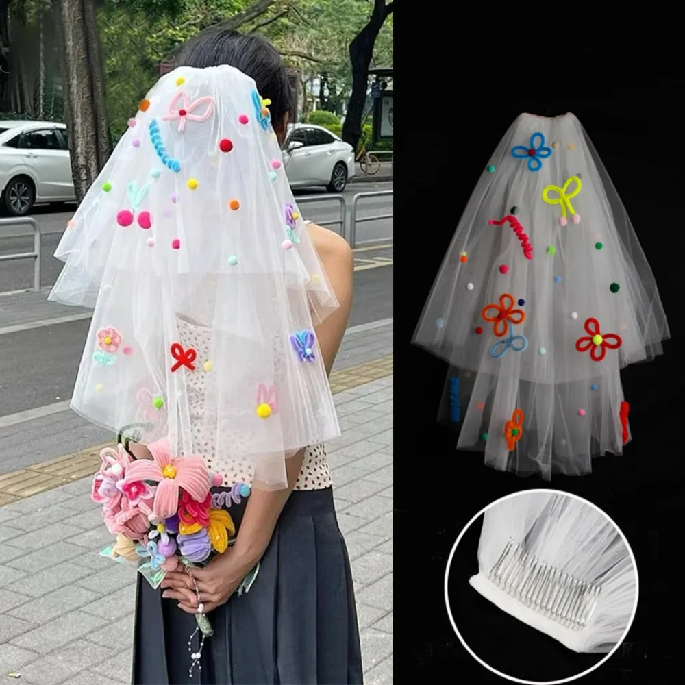 New Colorful Wedding Veils Photo Props Sweet Pompom Mesh Tulle with Clip Butterfly White Veil Bridal Veils Headdress Accessories