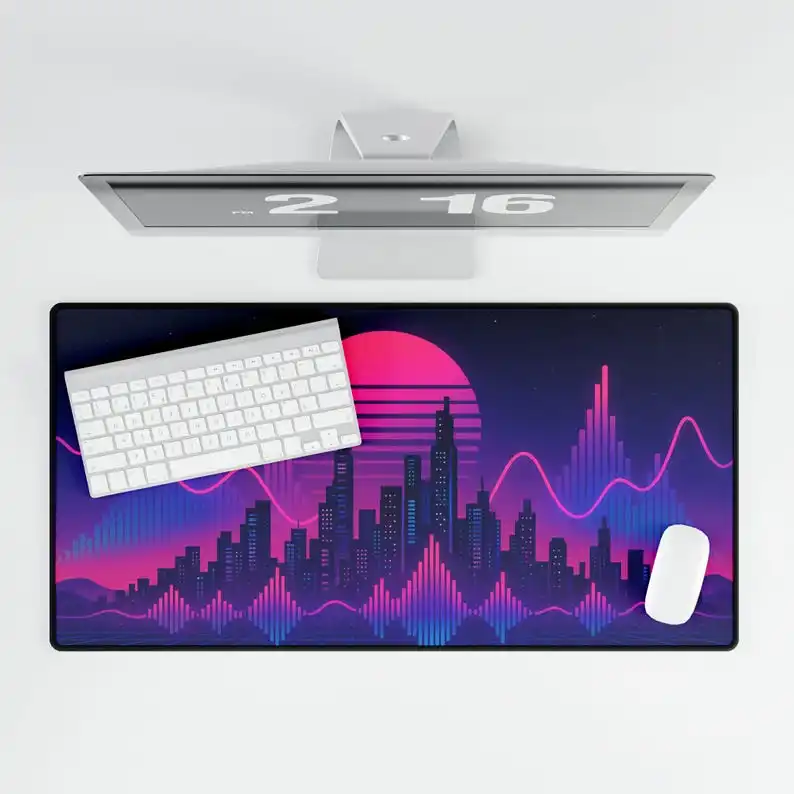

Neon Cityscape Music Deskmat, Cute Girl-style Mouse Pad, Beautiful Computer Desk Mats, Non-slip and Durable Gaming Desk Mat