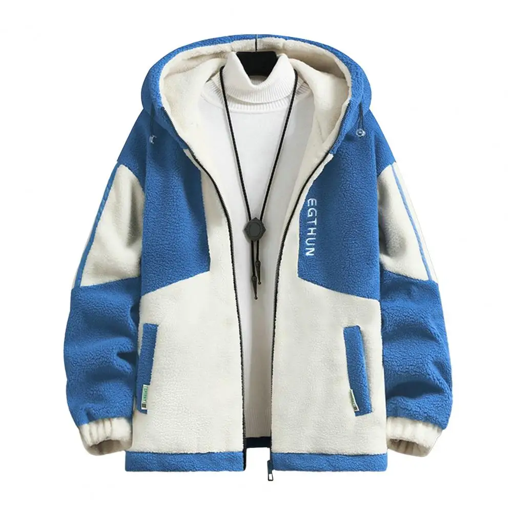 Men Polar Fleece Jacket Stylish Colorblock Hooded Men's Jacket Warm Plush Resistant with Zipper Closure Long Sleeves Pockets