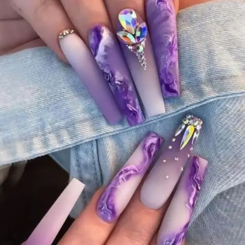 24Pcs Long Coffin False Nails with Purple Gradient Design Press on Fake Nails Rhinestone Wearable Finished Full Cover Nails Tips