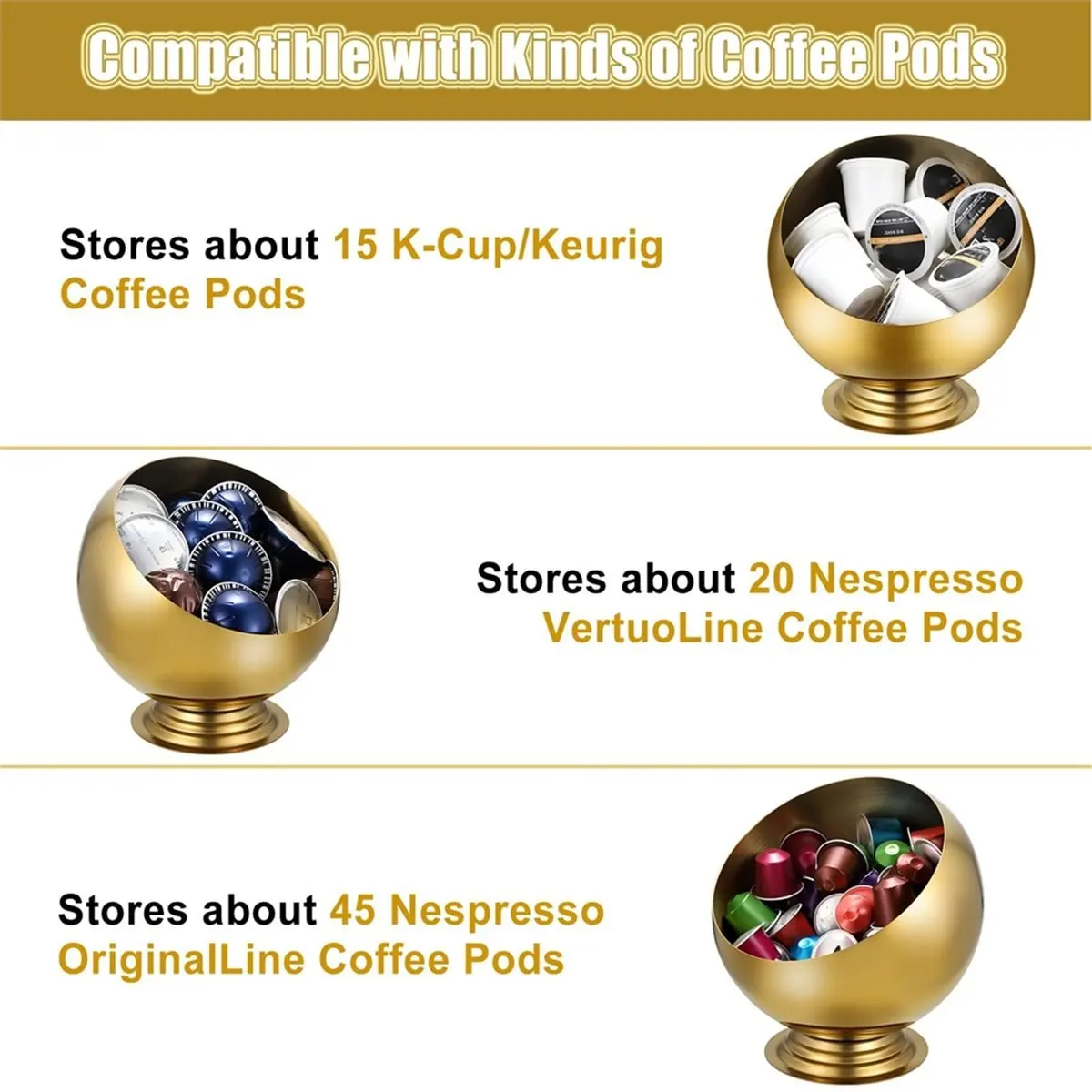 Coffee Pod Holder, Gold Metal Coffee Pod Storage for K Cup Vertuo , Creamer Organizer Candy Bowl