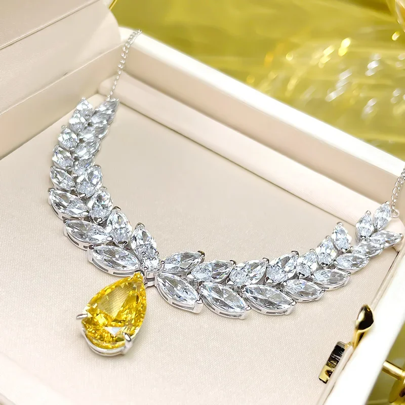 

Desire Heavy Industry Luxury 12 Carat Yellow Diamond Drop Necklace Pendant 925 Silver Collar Chain High End Dinner Style X84