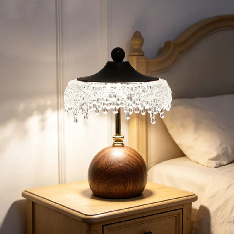 Vintage Mid‑century Table Lamp Wood Grain Base Crystal Water Drop Desk Lamp Retro Bedroom Bedside Night Light Home DecorLighting