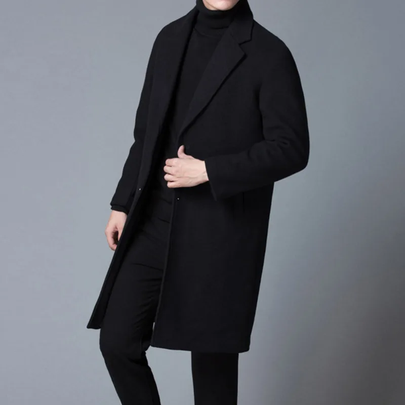 

2022 Winter Woolen Windbreaker Jacket Male Solid Mid-length Korean Fashion Suit Collar Trendy Coat Men's Slim Fit Elegant Trench