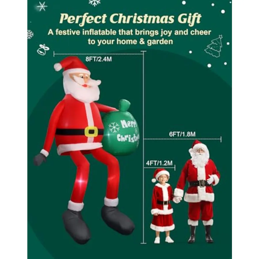 Outdoor Christmas Inflatables: 8 Feet Santa Claus With Gift Bag, LED Lighted, IP68 Weatherproof PVC Material, Red And White Col
