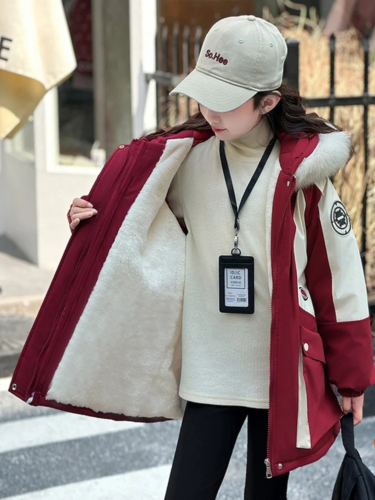 

Thiened Fce Student Cotton Jaet for Girls Winter Coat School Sle Parka Hooded Zipper Closure Long Sve Mid-Length