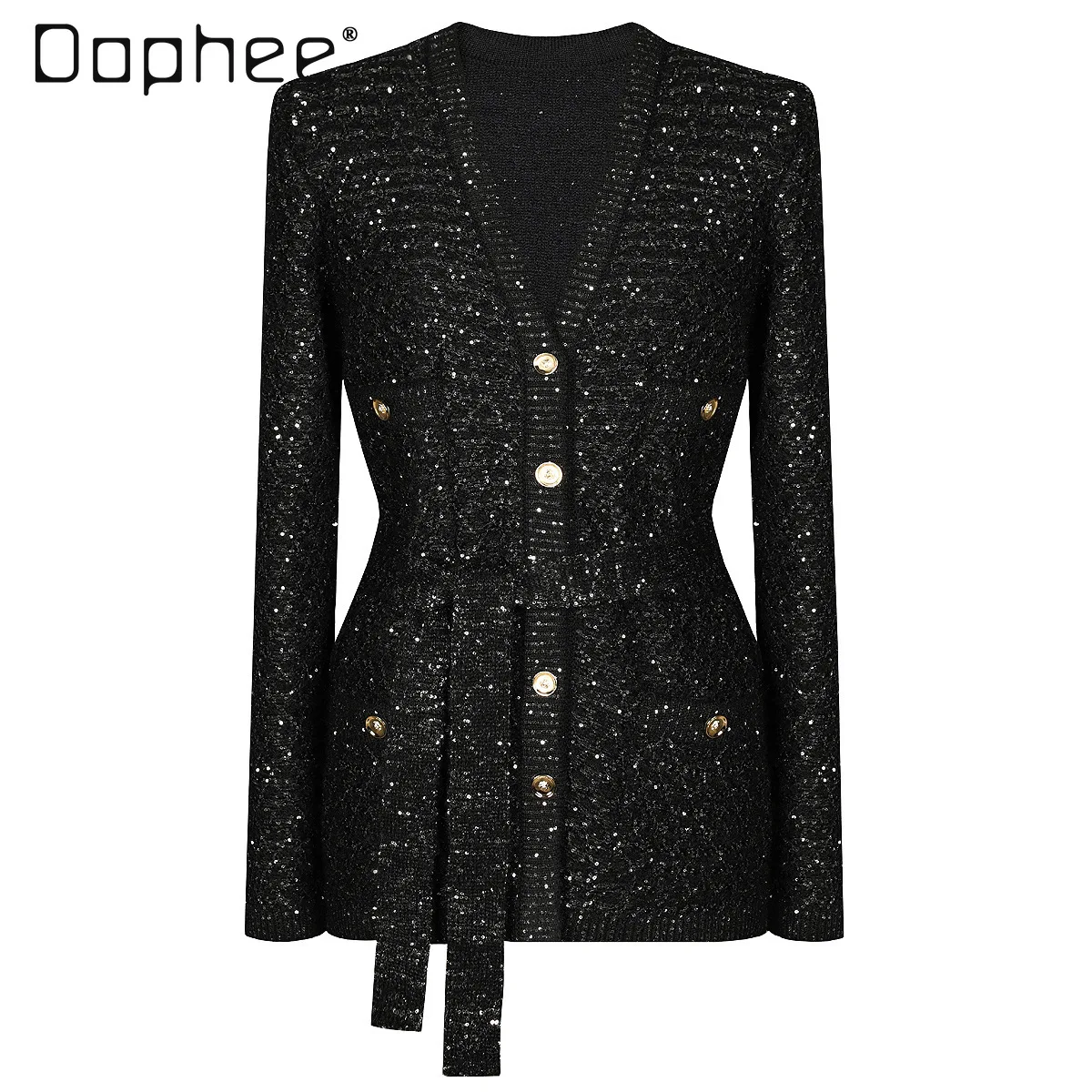 

French Socialite Woolen Long Sleeve Coat Women High-end Fashion Sequin Knitted V-neck Single-breasted Belted Slim Jackets Women