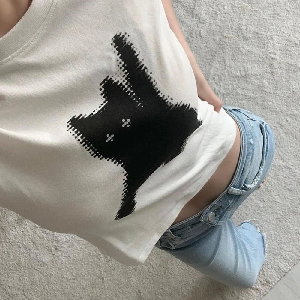 تيشيرتات نسائية كاجوال ، توبات نسائية ، موضة كورية ، بلوزة كاواي ، ملابس شوارع هاراجوكو ، حيوانات أليفة ، كلاب ، قطط ، ملابس نسائية ، Y2K