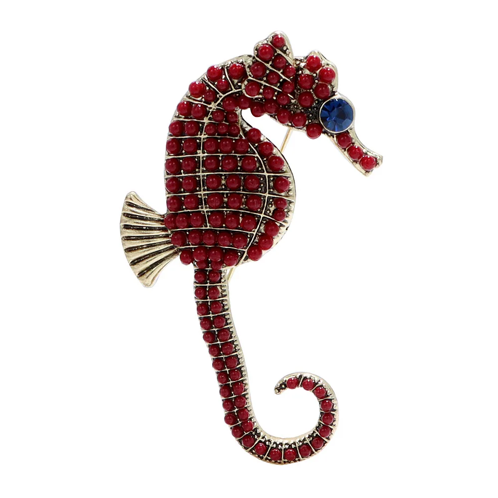 CINDY XIANG Red Bead A Hippocampus Brooch Sea Animal Pin Blue Eye Vintage Retro Style Accessories High Quality